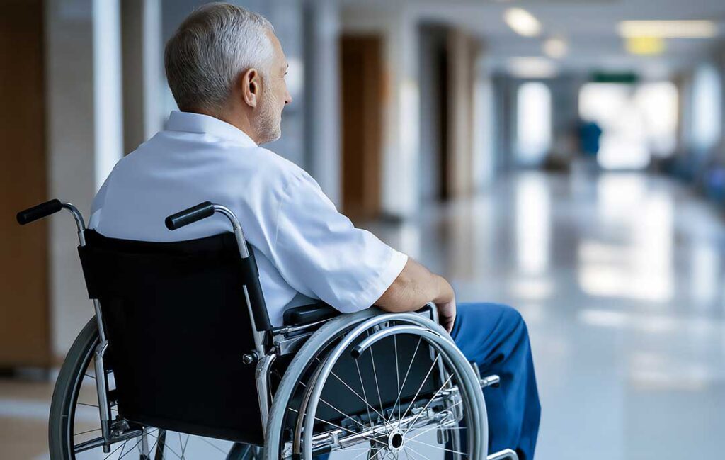 Family member and older adult reviewing care options at a table with notes and a floor plan.